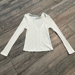 Anthropologie Cream Ribbed V-Neck Button-Up Blouse